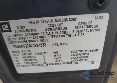 2002 Chevrolet Tahoe Lt из США, поврежденный, VIN 1GNEK13Z02J224373